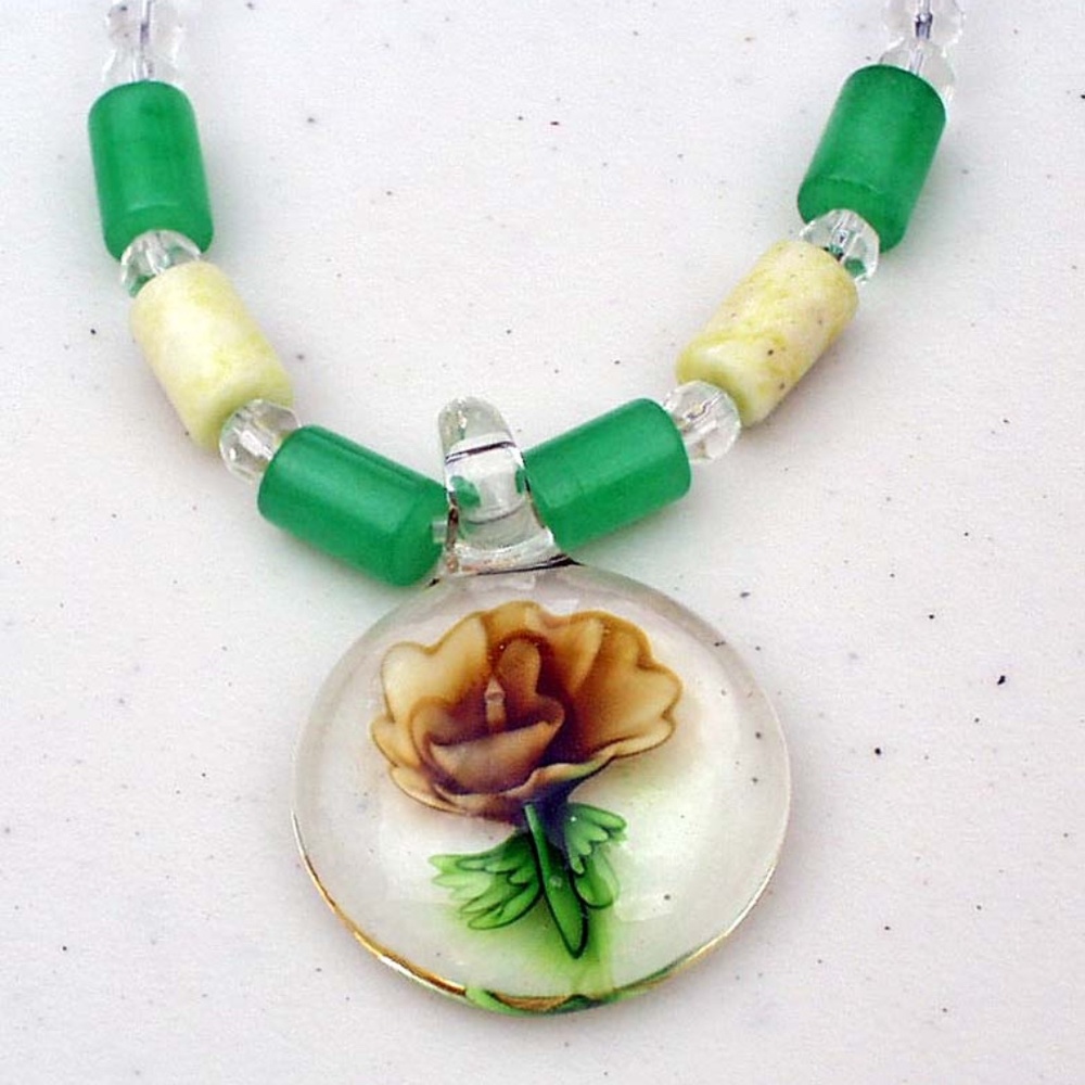 NECKLACE, HAND BLOWN FLOWERED GLASS DROP, TAG ON, 20 INCHES, BROWN/GREEN/YELLOW